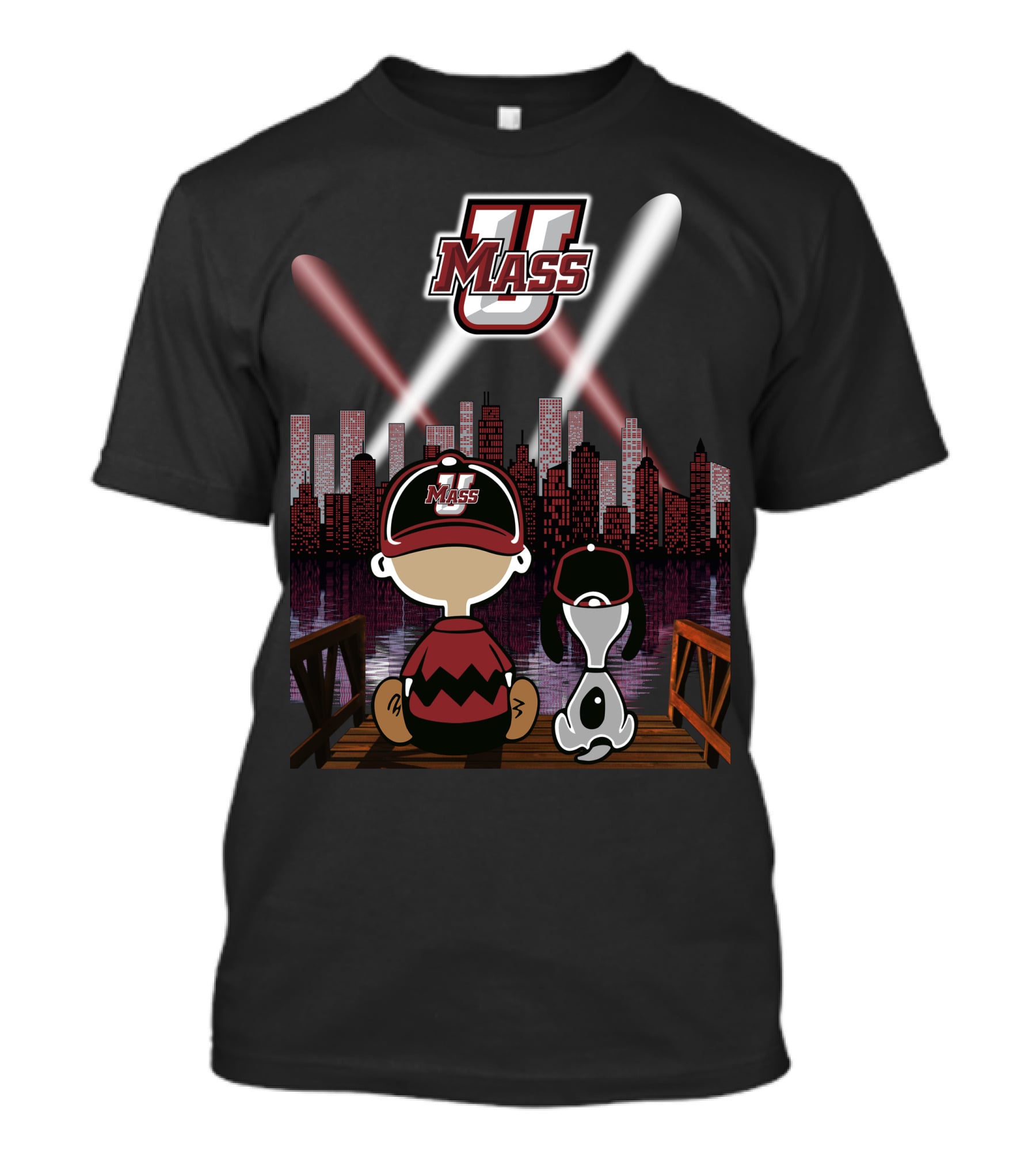 Umass Minutemen Downtown Skyline At Night With Cartoon Duo T-Shirt