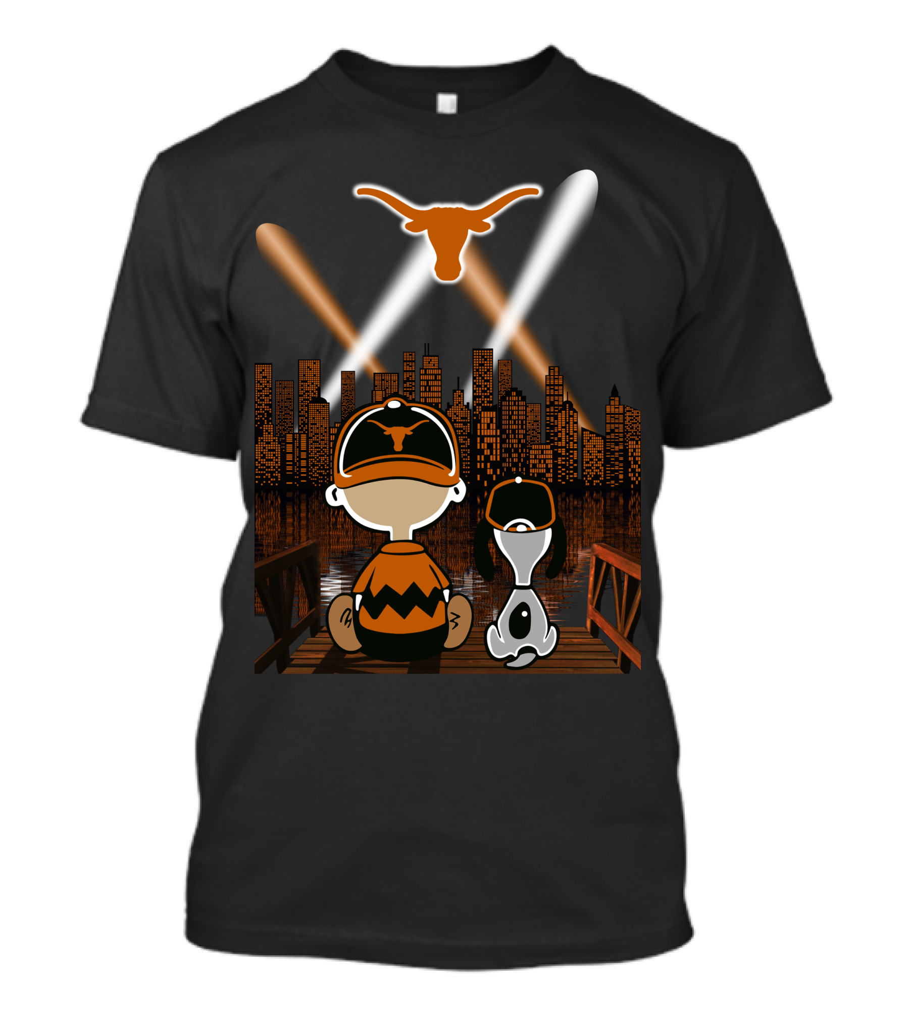 Texas Longhorns City Skyline Night Lights With Snoopy And Charlie Brown T-Shirt