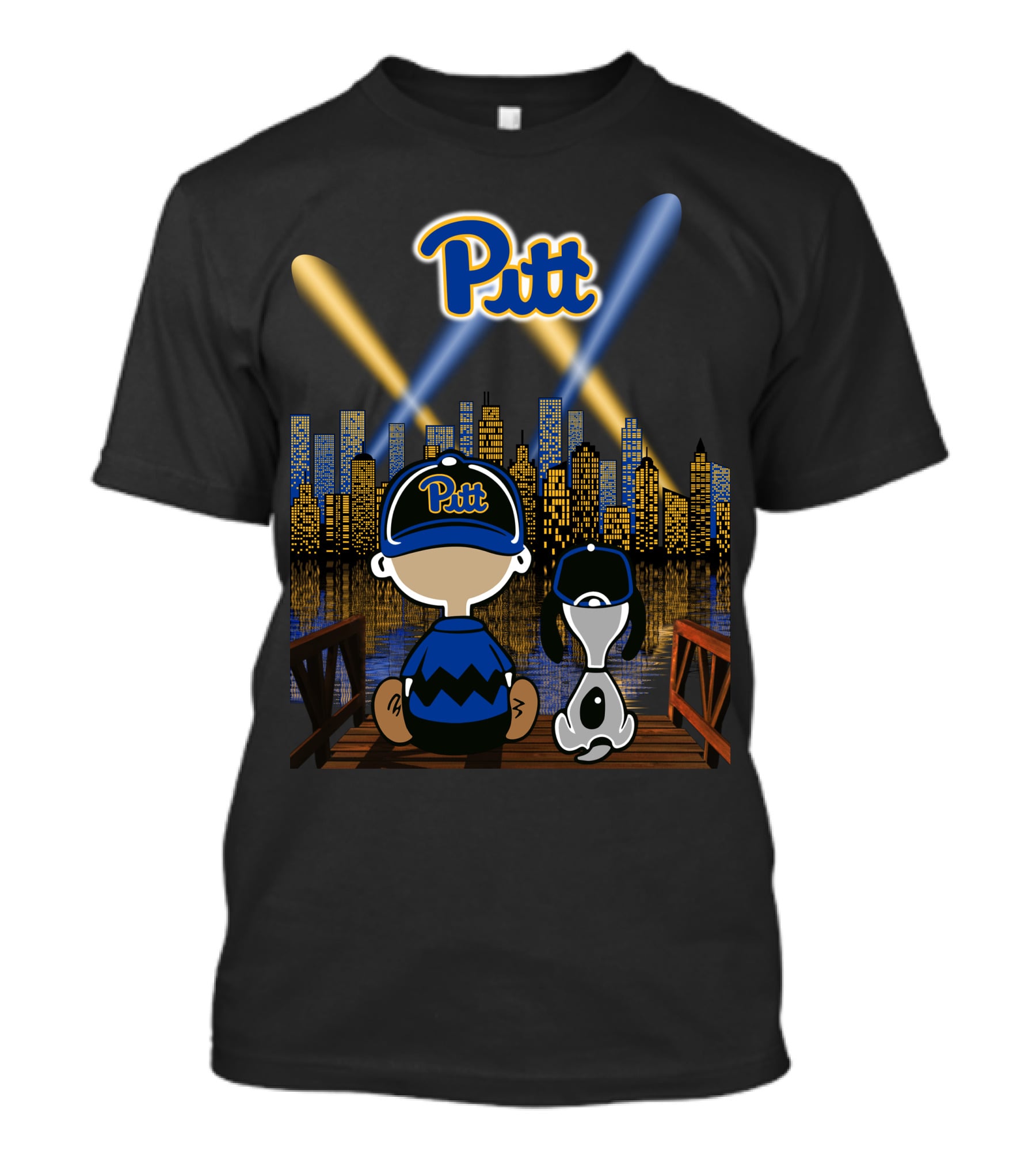 Pitt Panthers Nighttime Cityscape With Skyline And Characters T-Shirt