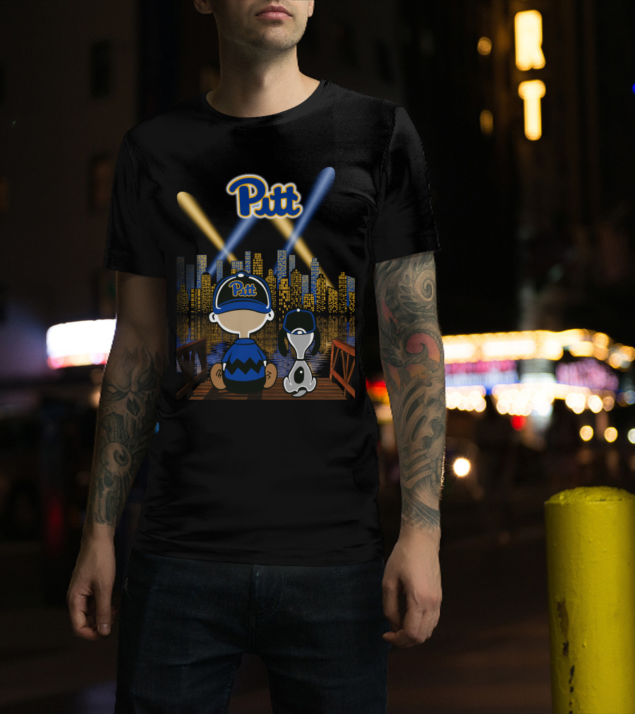 Pitt Panthers Nighttime Cityscape With Skyline And Characters T-Shirt