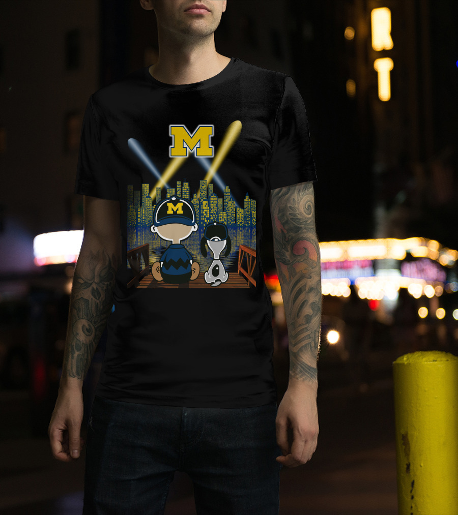M Michigan Wolverines City By Night Skyline And Characters T-Shirt