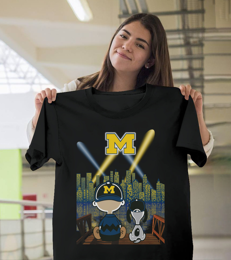 M Michigan Wolverines City By Night Skyline And Characters T-Shirt