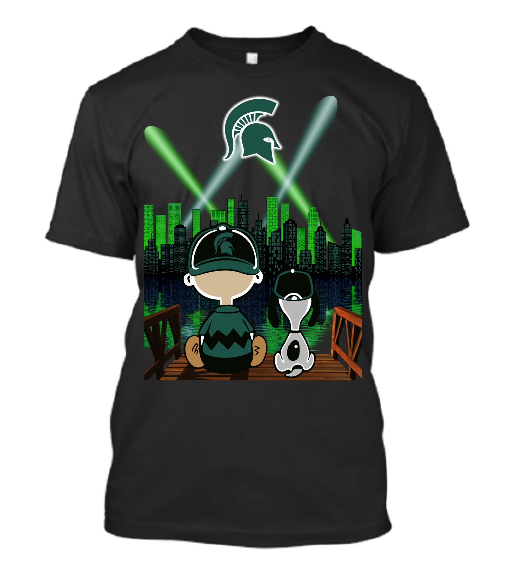 Michigan State Spartans Night City Skyline With Cartoon Characters And Spartan T-Shirt