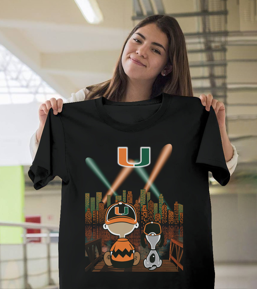 Miami Hurricanes City By Night Skyline Reflections With Characters T-Shirt