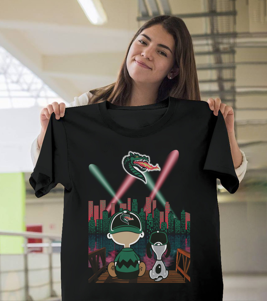 Uab Blazers Dragon Logo Over City Skyline With Cartoon Characters On Bridge At Night T-Shirt