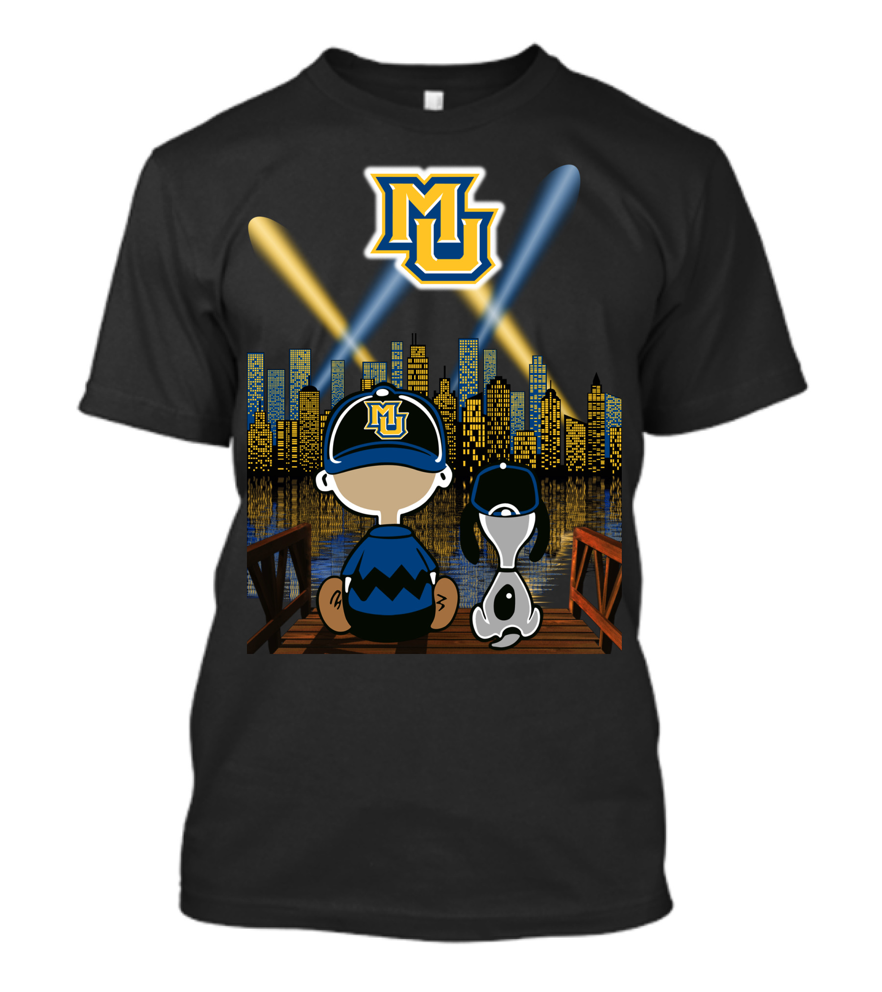 Mu Marquette Golden Eagles Cityscape Night Skyline With Baseball Cap Duo T-Shirt