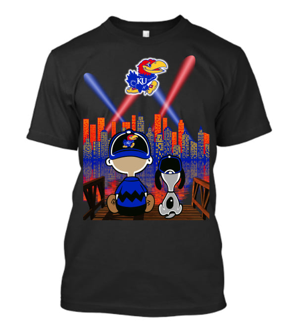 Kansas Jayhawks City Skyline Night Reflections With Mascot And Dog T-Shirt