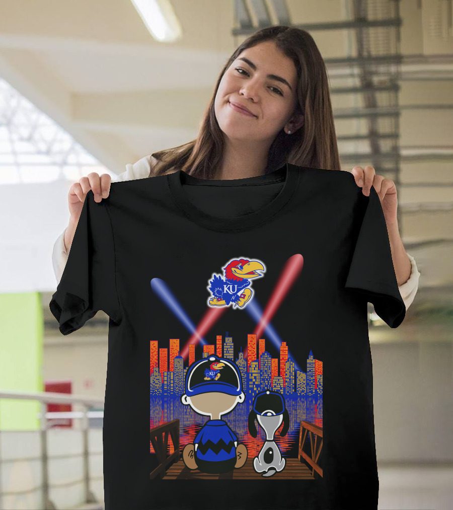 Kansas Jayhawks City Skyline Night Reflections With Mascot And Dog T-Shirt