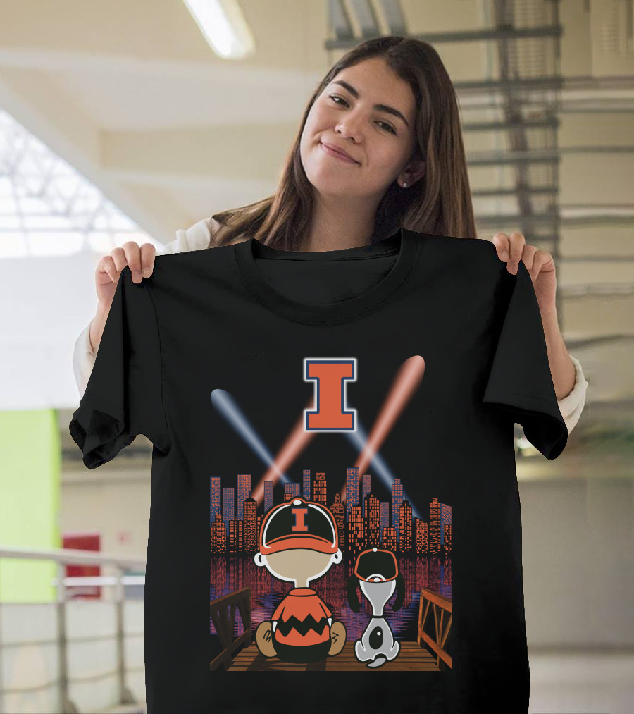 Illinois Fighting Illini Cityscape Nighttime Scene With Iconic Characters And Letter I T-Shirt