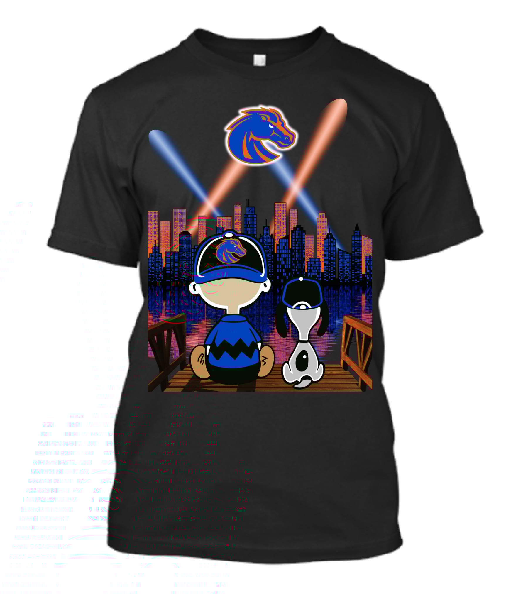 Boise State Broncos City Night Skyline With Cartoon Characters T-Shirt