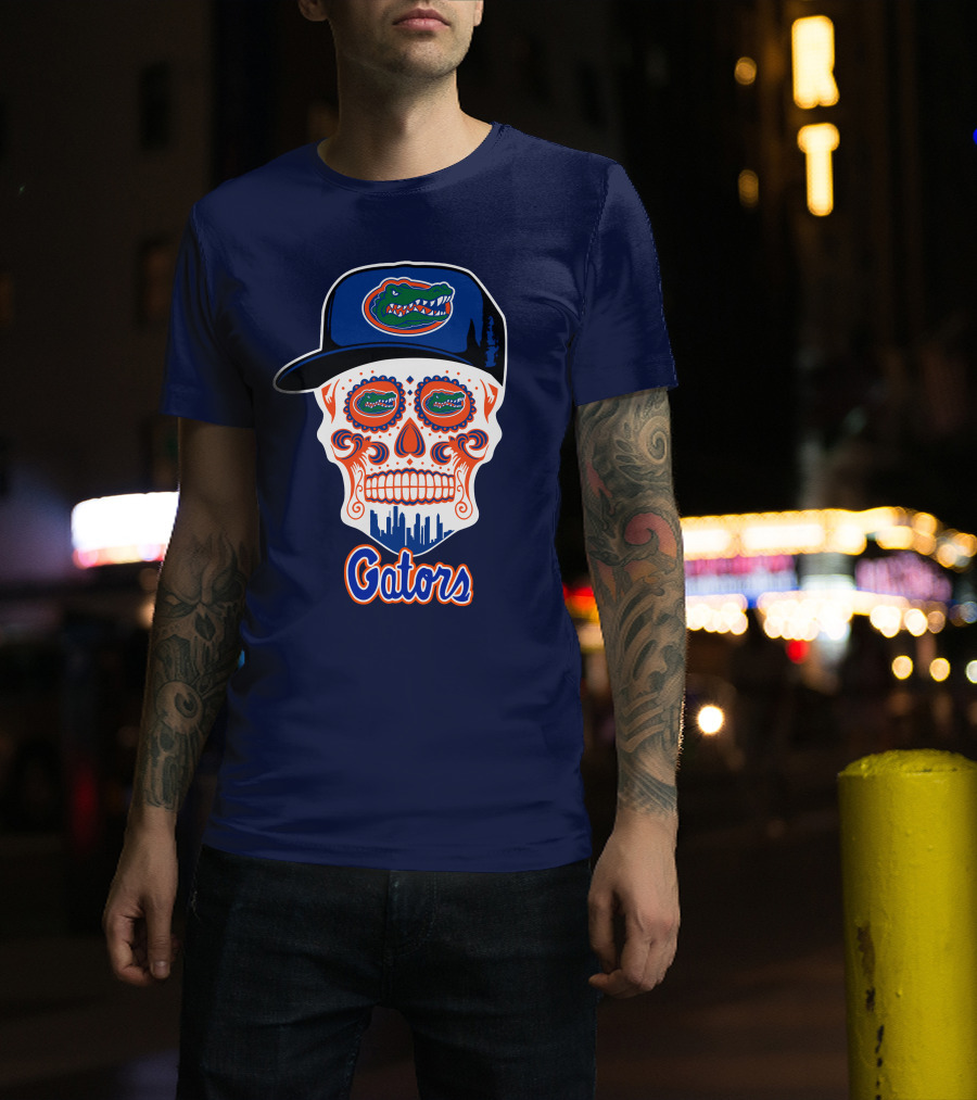 Florida Gators Skull With Alligator Logo And Hat Blue Orange T-Shirt