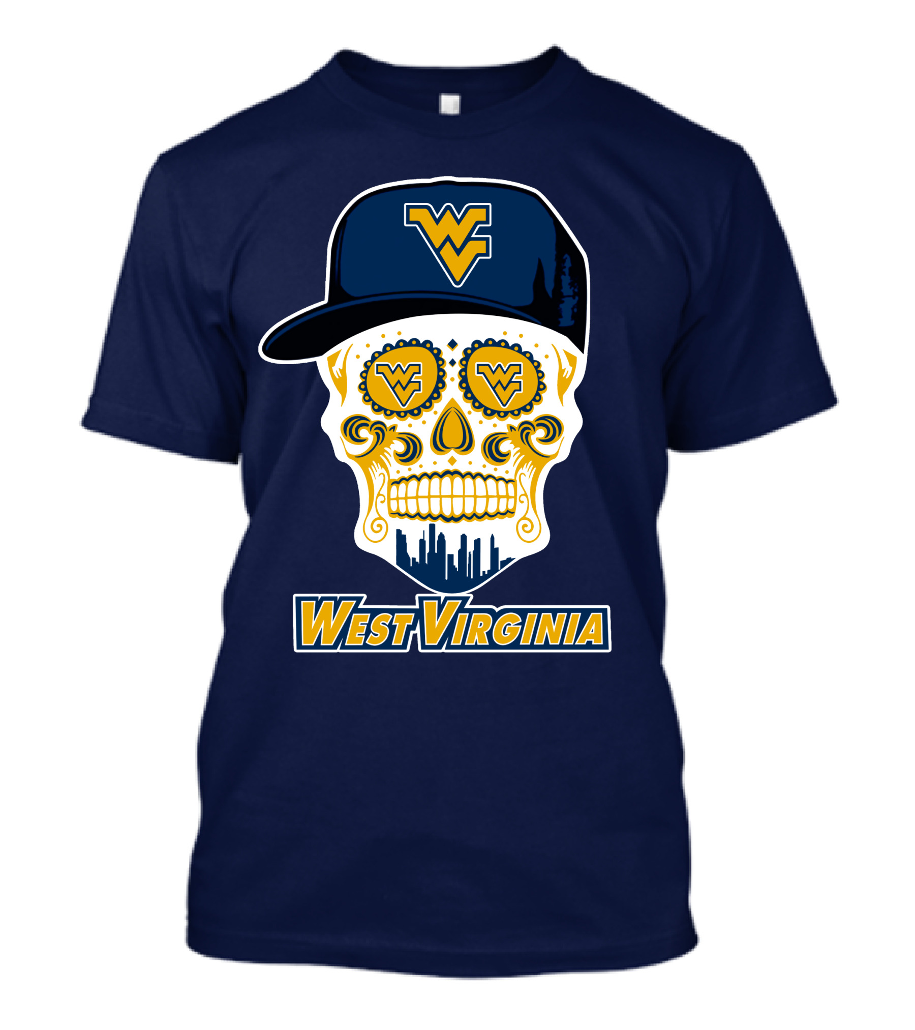West Virginia Mountaineers Skull Design With Wv Cap And Skyline T-Shirt