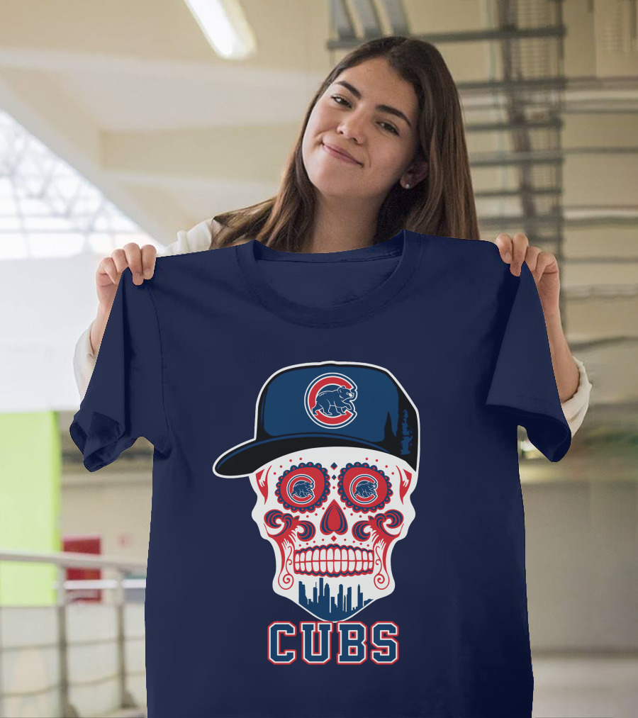Chicago Cubs Skull With Cap Cityscape Fun T-Shirt