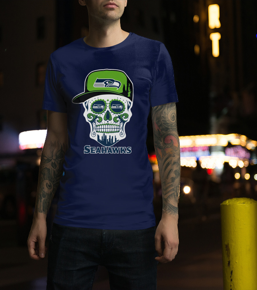 Seattle Seahawks Skull Art With Team Logo And Skyline T-Shirt