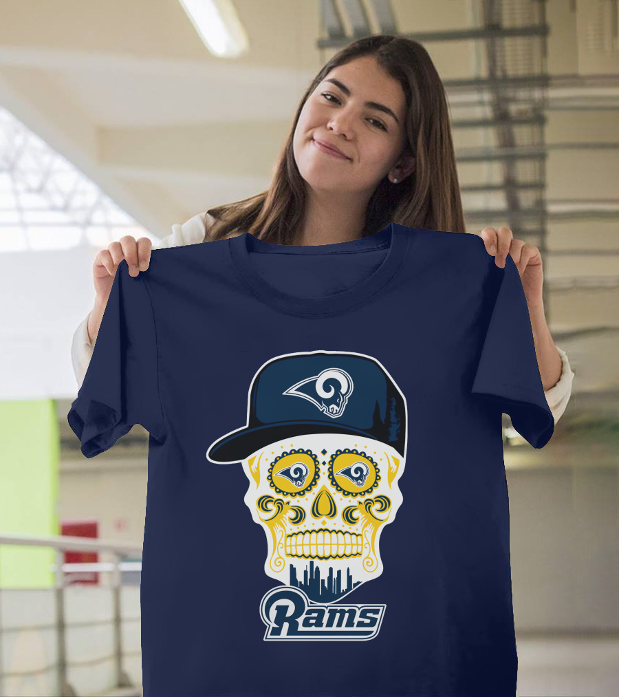 Los Angeles Rams Skull Iconic Rams Logo In Cap Funny T-Shirt