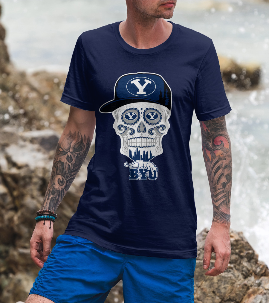 Byu Cougars Skull With Y Hat And Cityscape T-Shirt