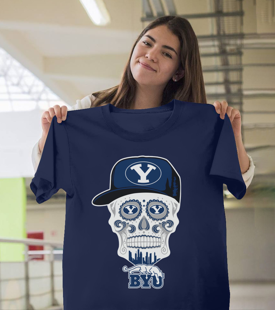 Byu Cougars Skull With Y Hat And Cityscape T-Shirt