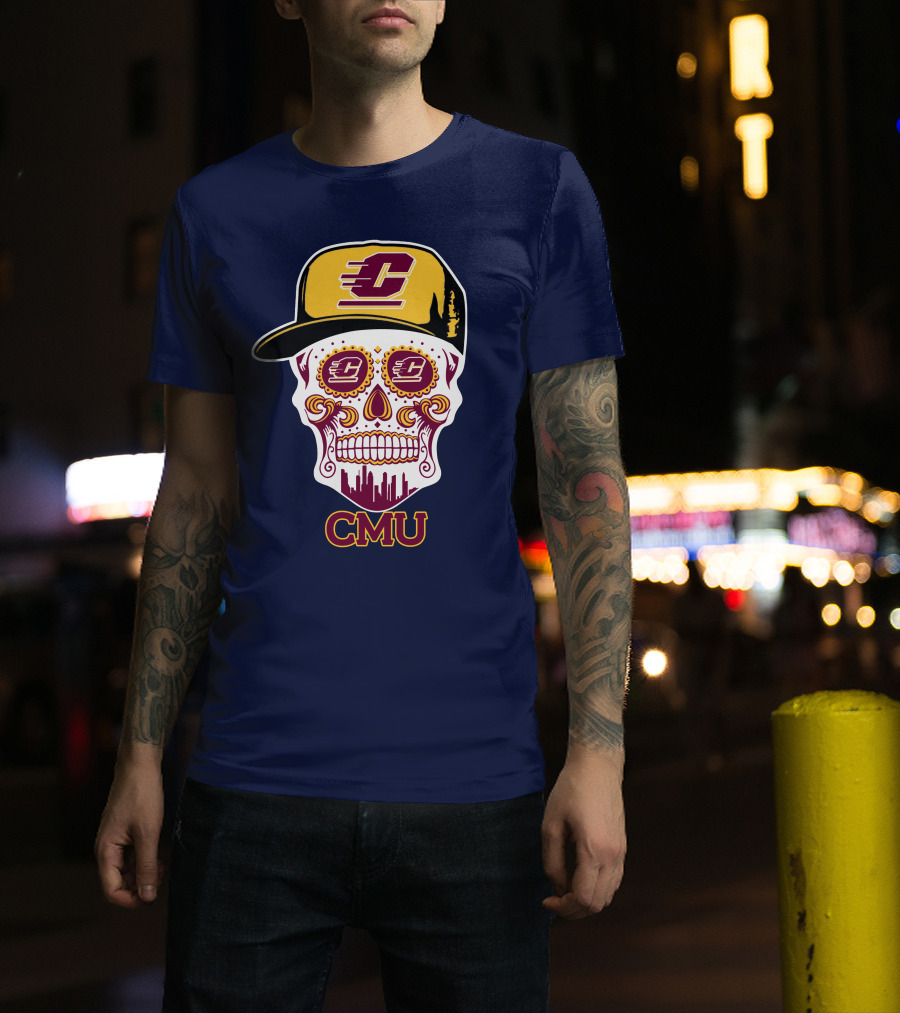 Cmu Central Michigan Chippewas Skull Logo With Cap And City Skyline T-Shirt