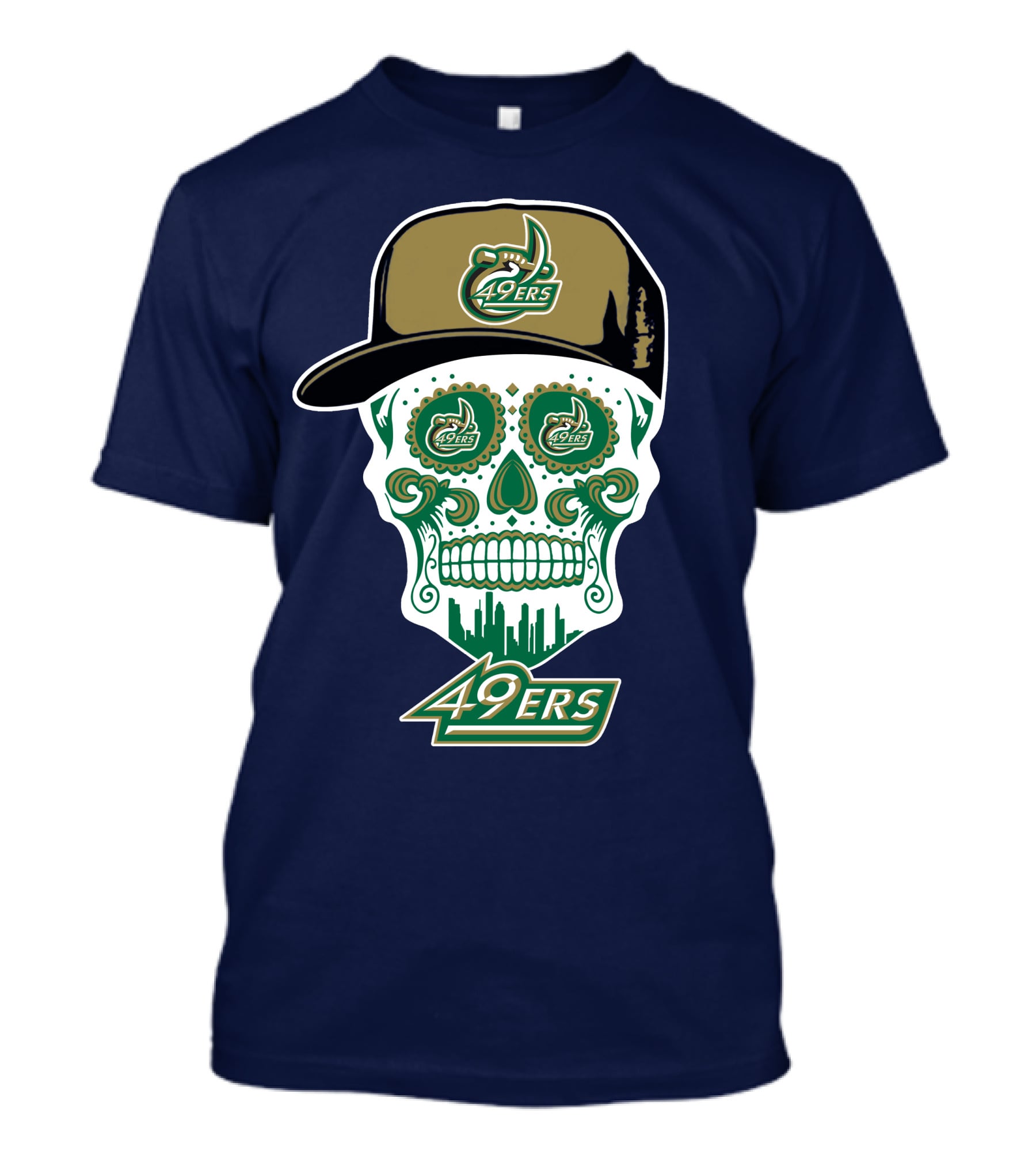 Charlotte 49ers Sugar Skull Green And Gold Logo With Hat T-Shirt