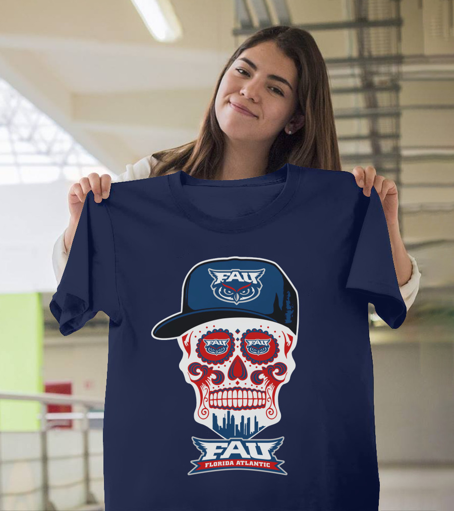 Fau Florida Atlantic Owls Sugar Skull With Cap T-Shirt