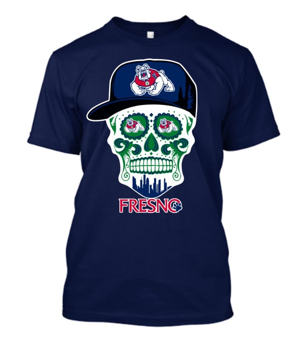 Fresno State Bulldogs Skull Artwork With Bulldog Hat And City Skyline T-Shirt