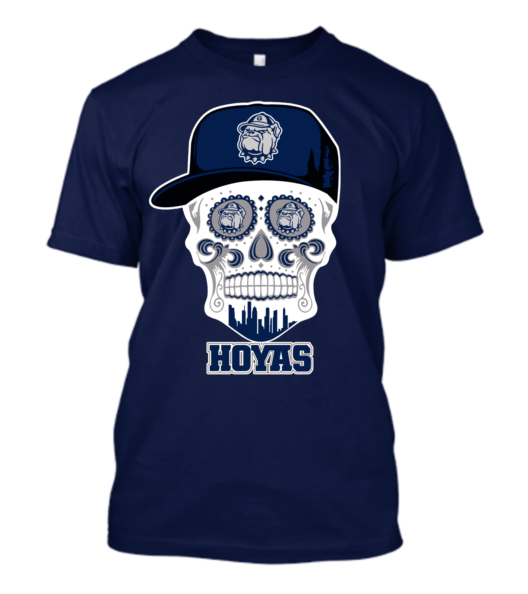 Georgetown Hoyas Skull With Bulldog Hat And Skyline T-Shirt