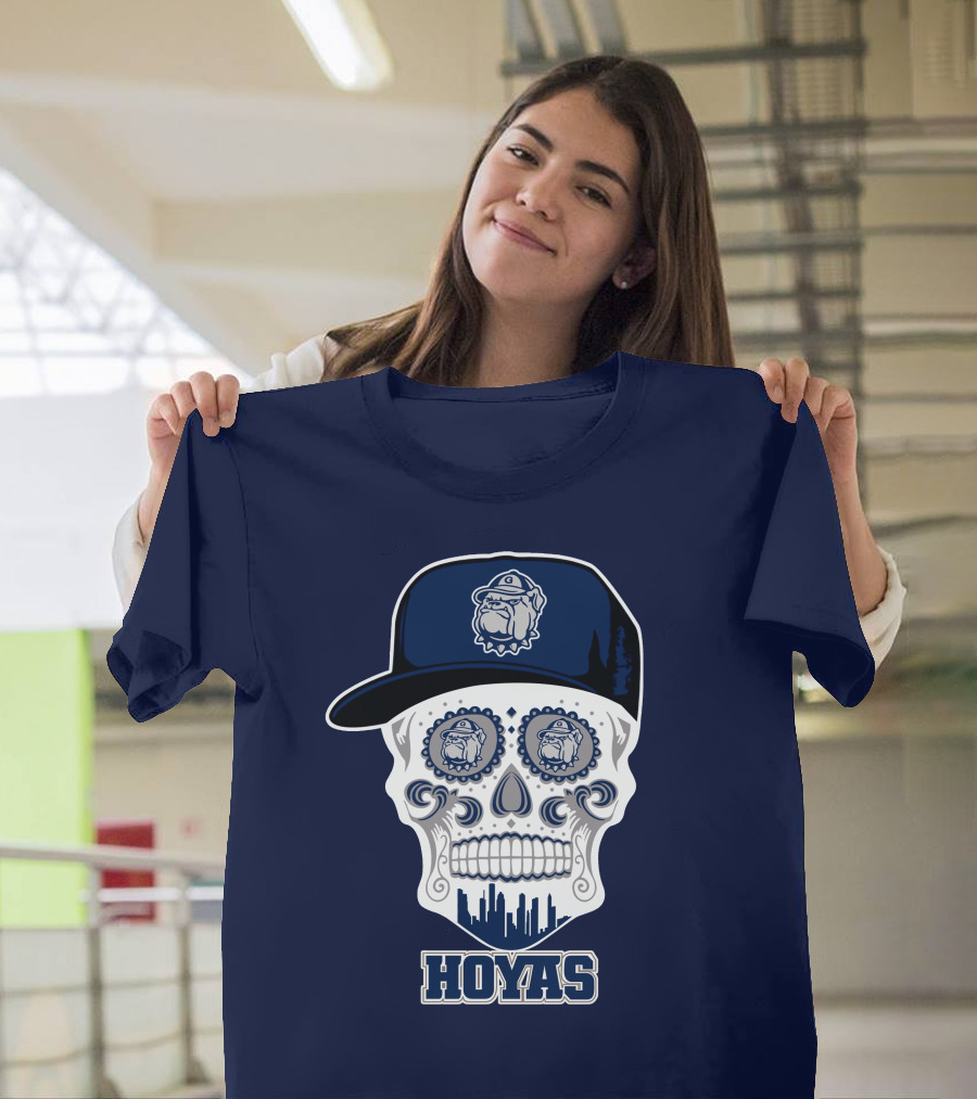 Georgetown Hoyas Skull With Bulldog Hat And Skyline T-Shirt