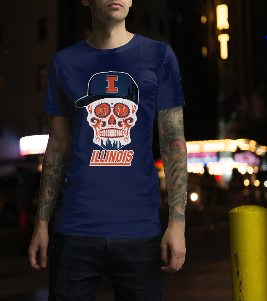 Illinois Fighting Illini Skull With Cap And Skyline T-Shirt