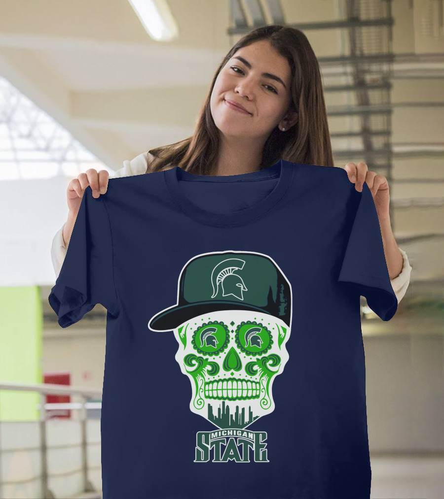 Michigan State Spartans Sugar Skull With Spartan Helmet Icon And City Skyline T-Shirt