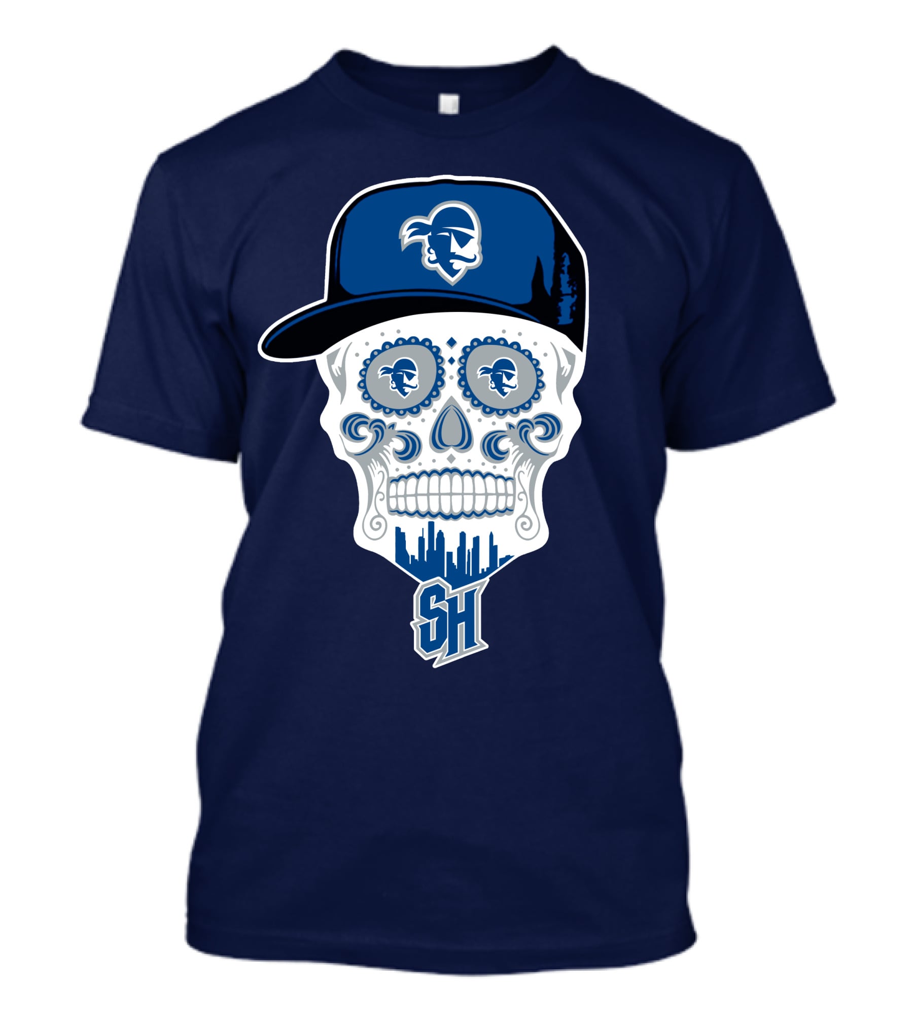 Seton Hall Pirates Sugar Skull Design With Pirate Cap And Sh T-Shirt
