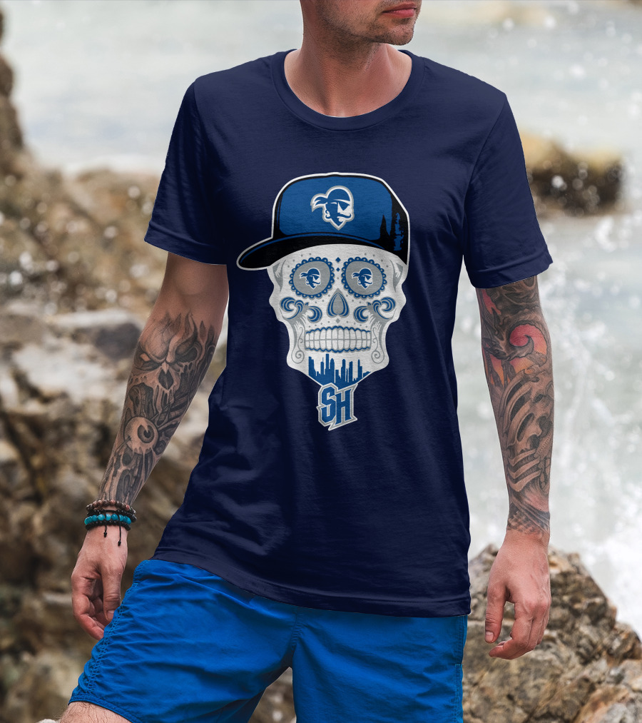 Seton Hall Pirates Sugar Skull Design With Pirate Cap And Sh T-Shirt