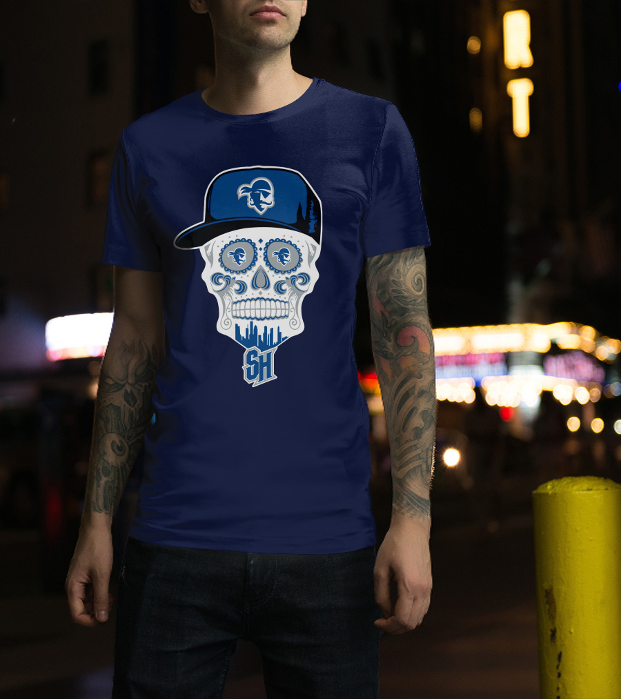 Seton Hall Pirates Sugar Skull Design With Pirate Cap And Sh T-Shirt