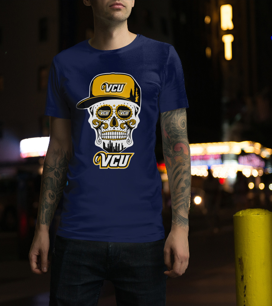 Vcu Rams Dia De Los Muertos Skull With Iconic Cap And Skyline T-Shirt