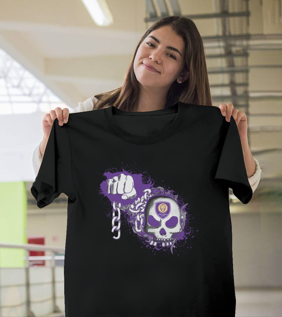 Orlando City Sc Skull Emblem With Purple Fist And Chains T-Shirt