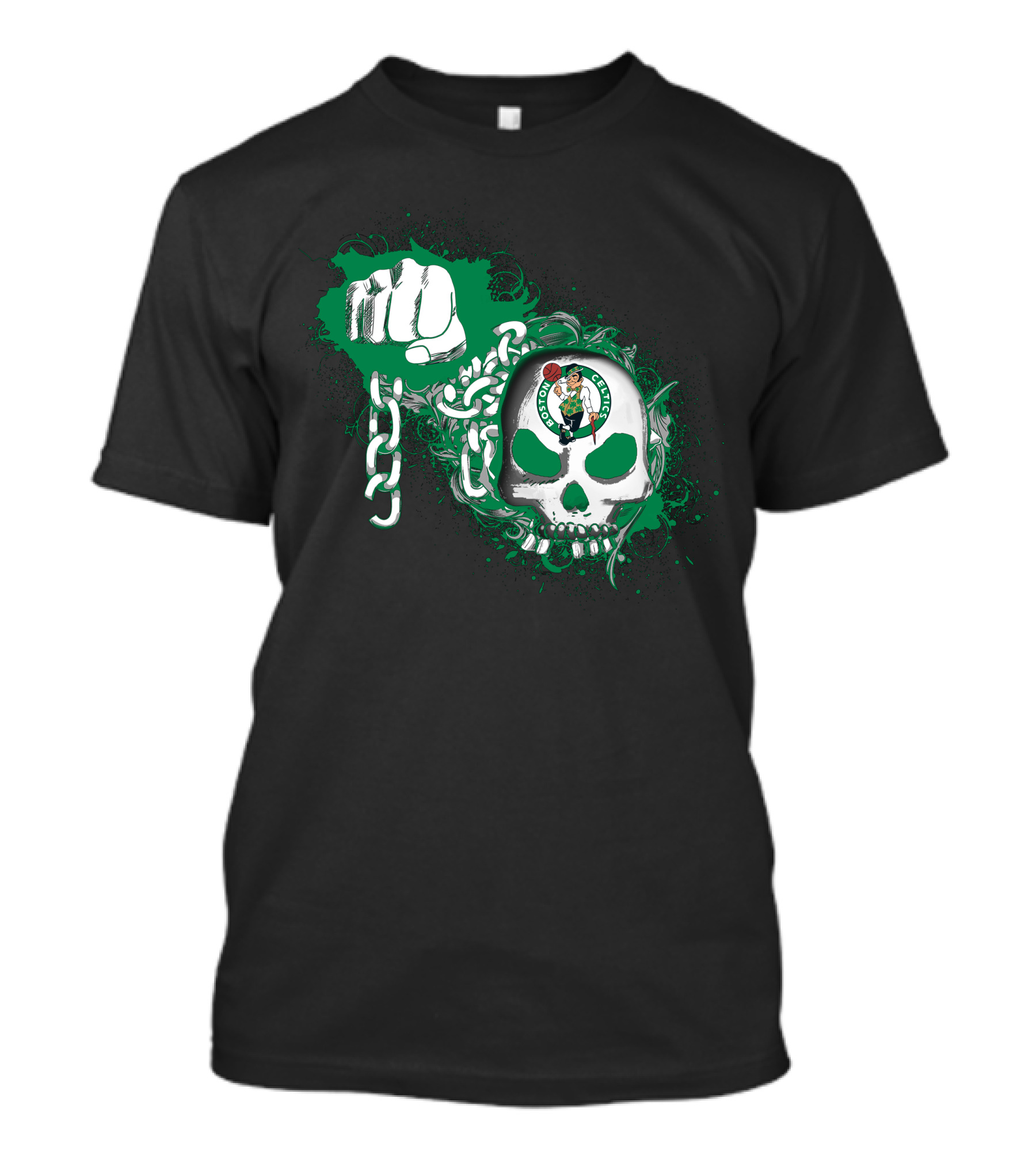Boston Celtics Skull With Fist And Chain Motif T-Shirt