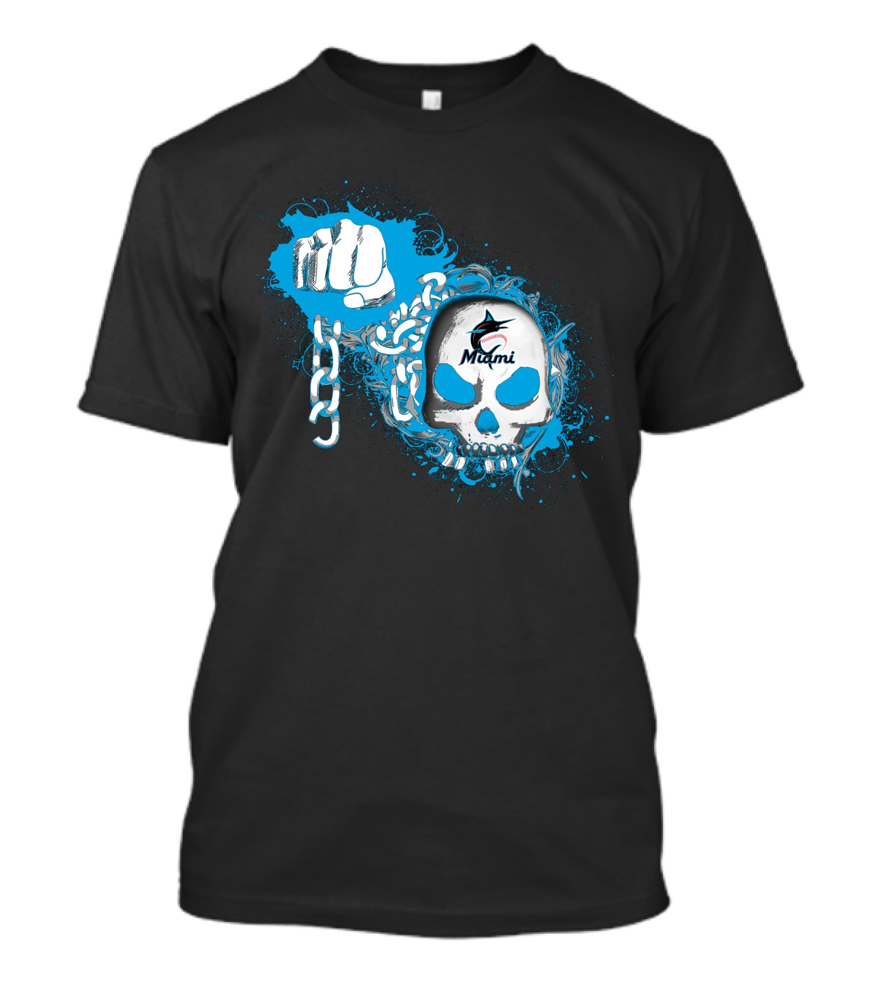 Miami Marlins Skull And Fist With Chain T-Shirt