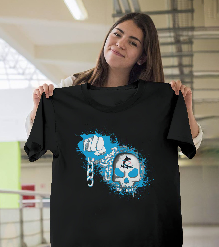 Miami Marlins Skull And Fist With Chain T-Shirt