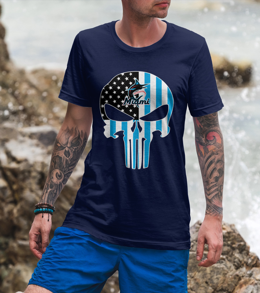 Miami Marlins Punisher Skull American Flag Fusion T-Shirt