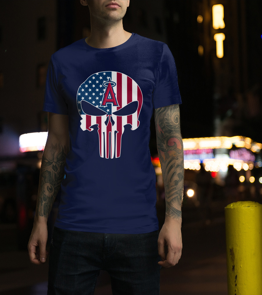 Los Angeles Angels Punisher Skull American Flag T-Shirt