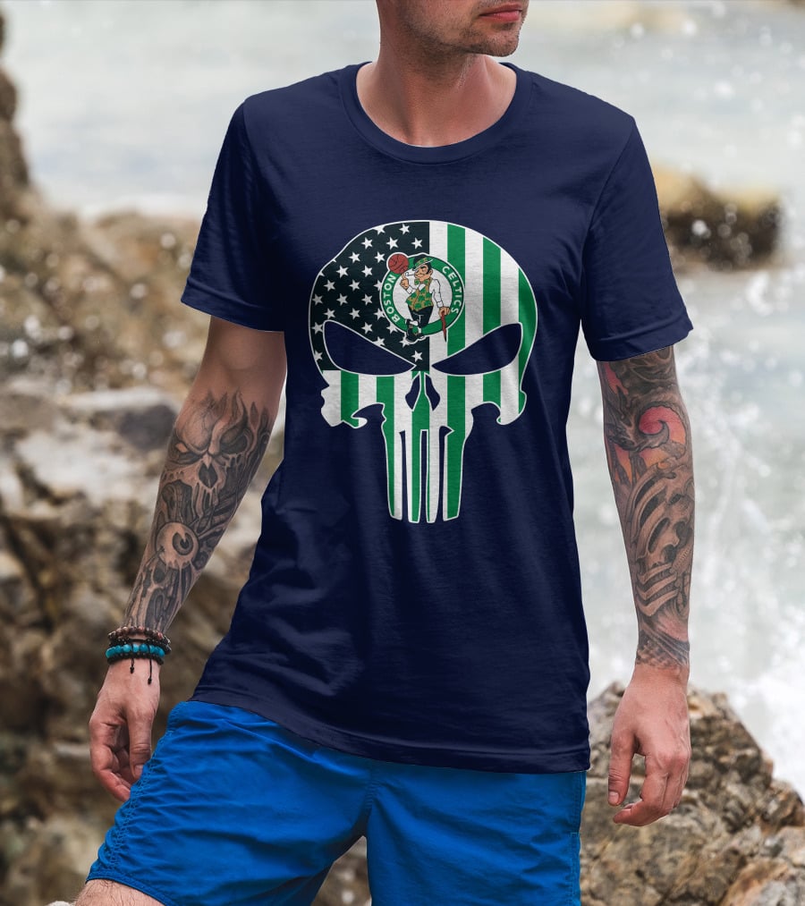 Boston Celtics Punisher Logo American Flag Skull T-Shirt