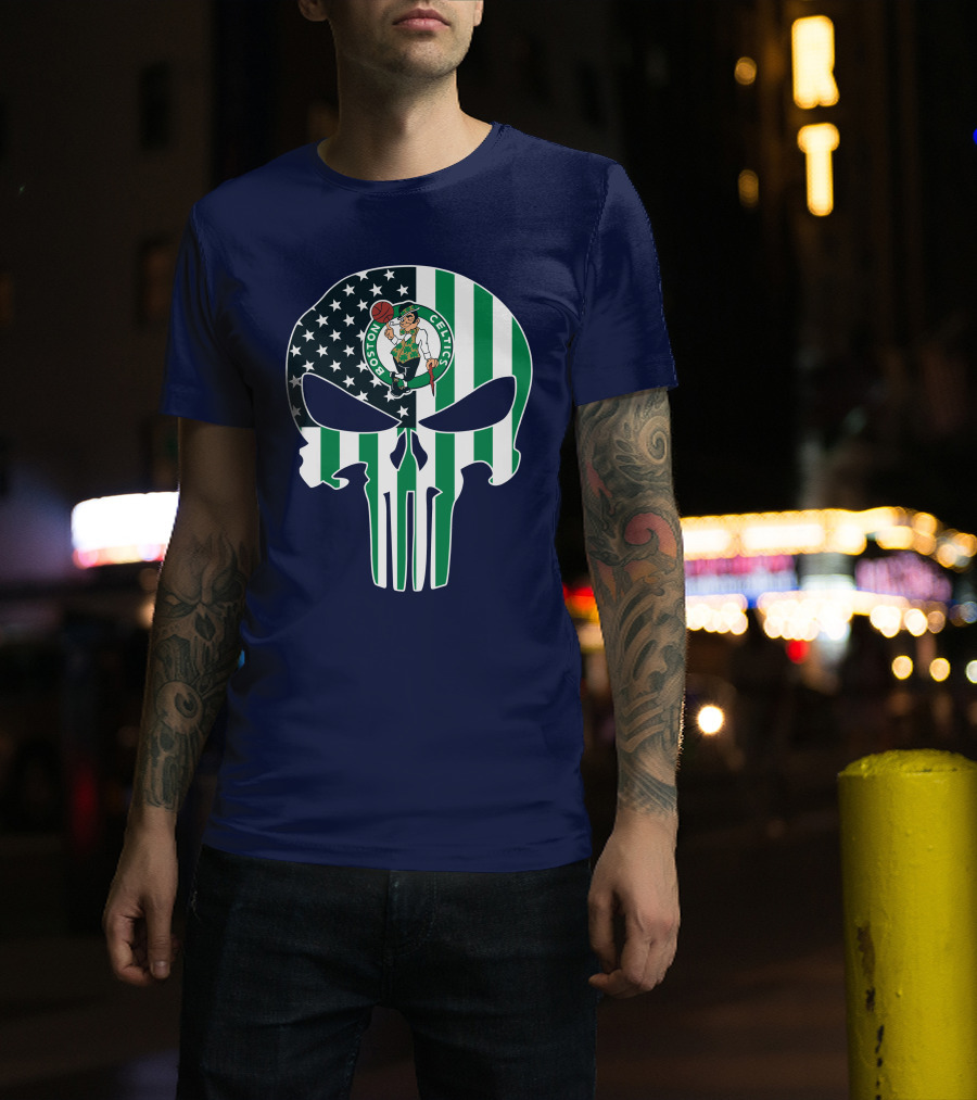 Boston Celtics Punisher Logo American Flag Skull T-Shirt