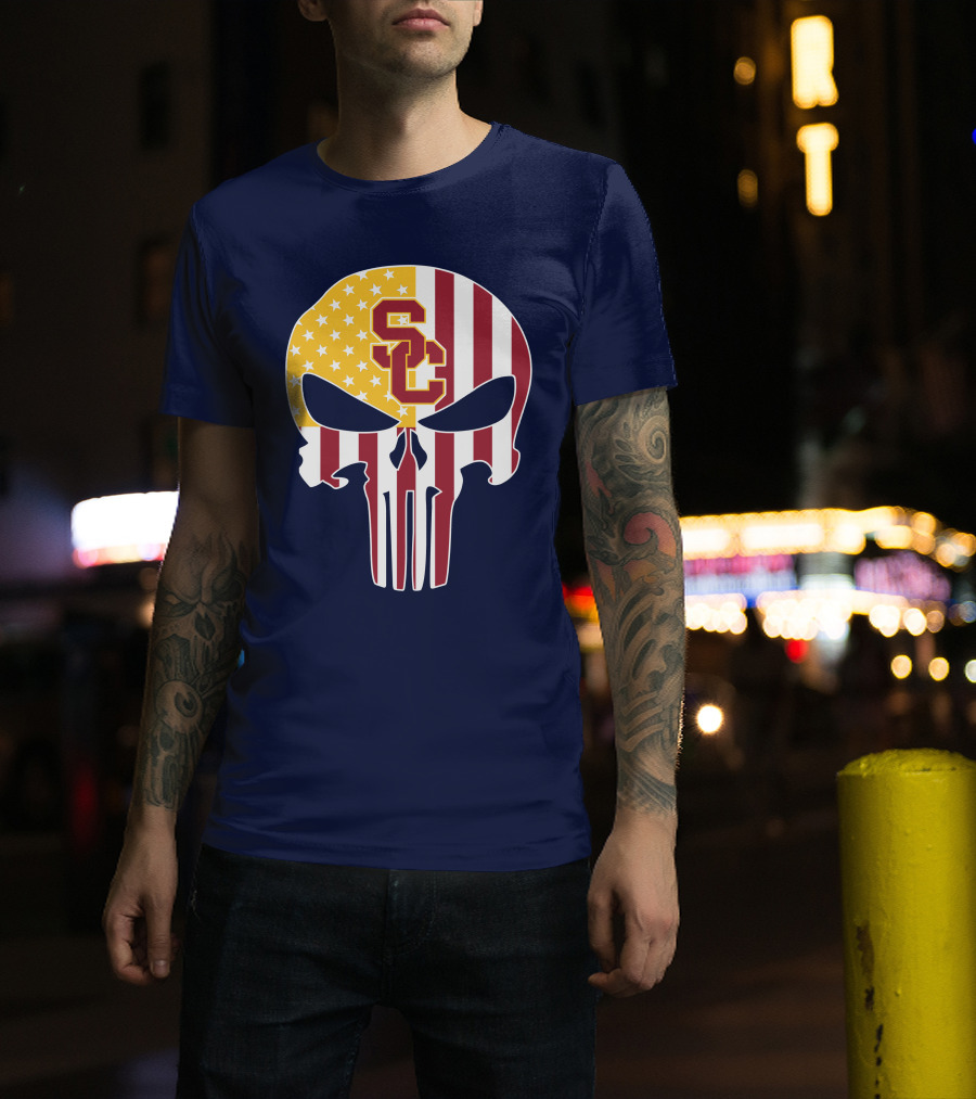 Usc Trojans Skull Punisher American Flag T-Shirt