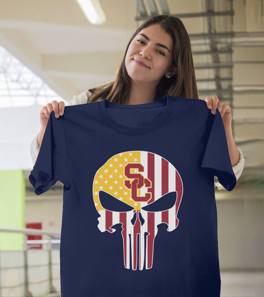 Usc Trojans Skull Punisher American Flag T-Shirt