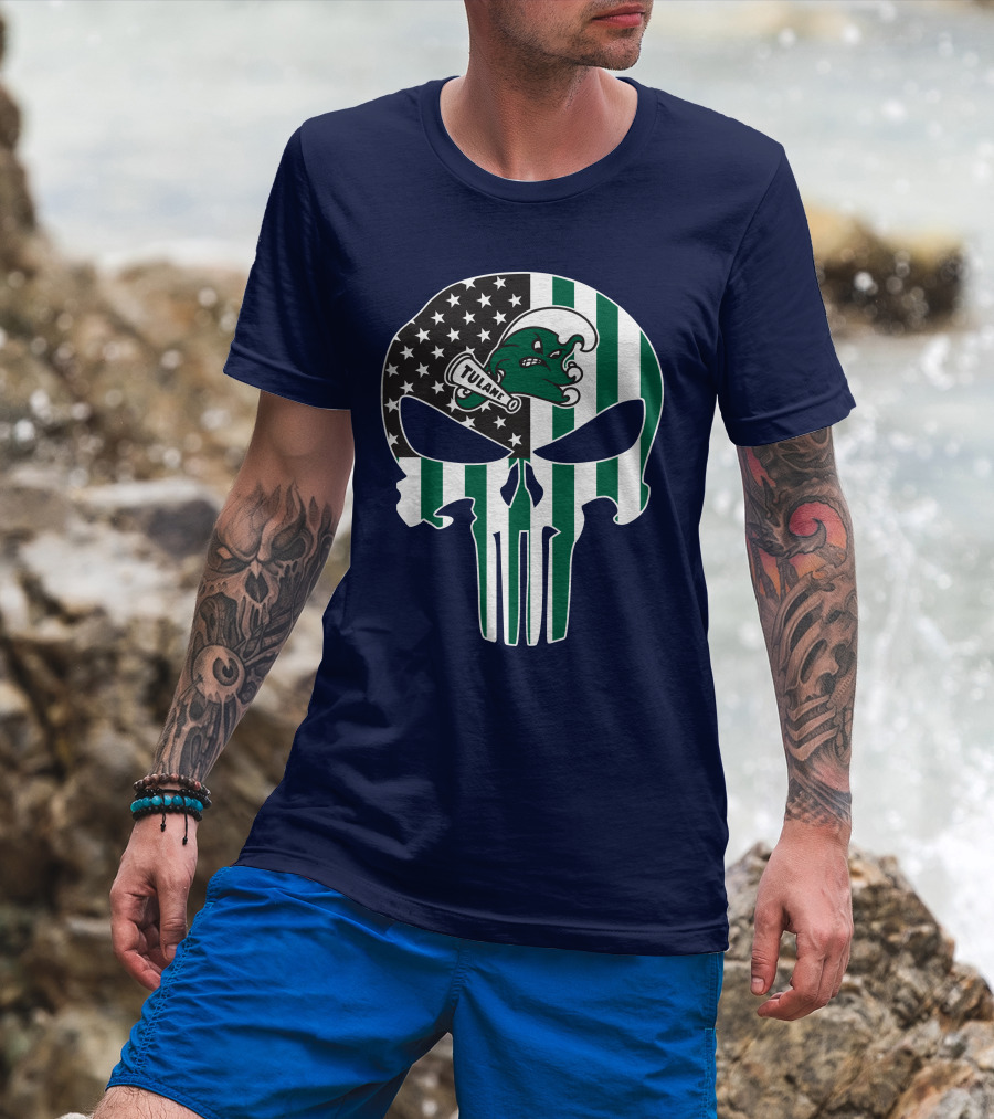 Tulane Green Wave 16 Punisher Flag Skull T-Shirt
