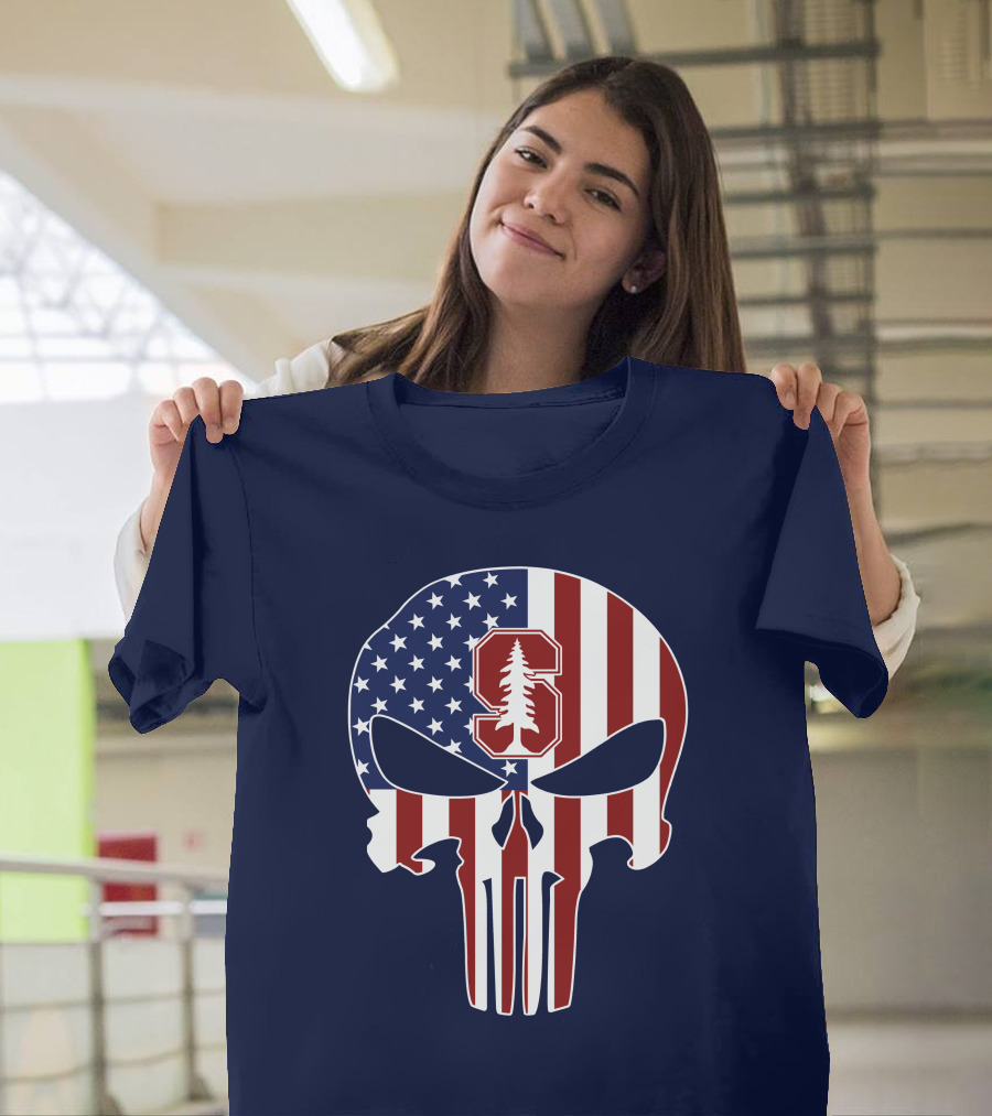 Stanford Cardinal Punisher Skull American Flag T-Shirt
