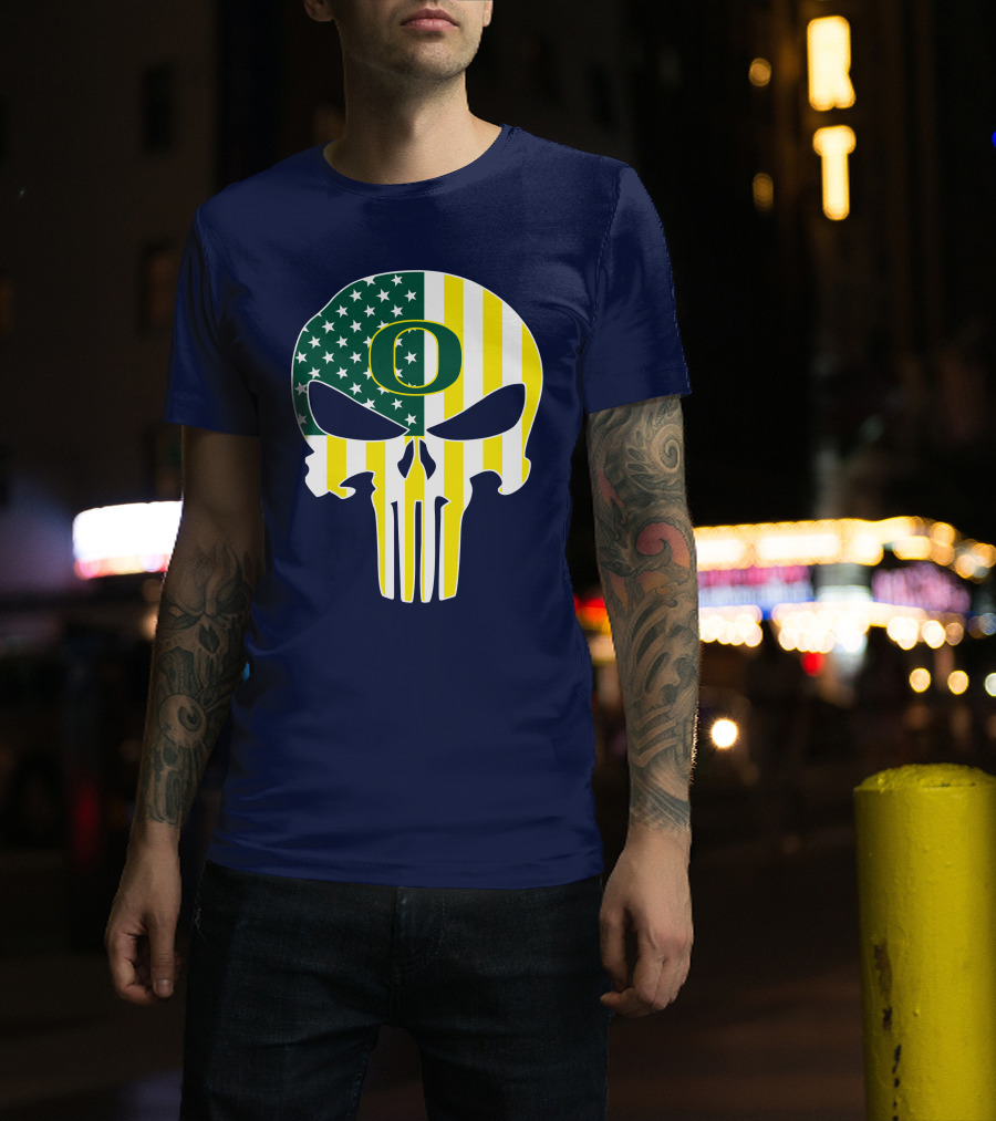 Oregon Ducks Punisher Skull American Flag T-Shirt