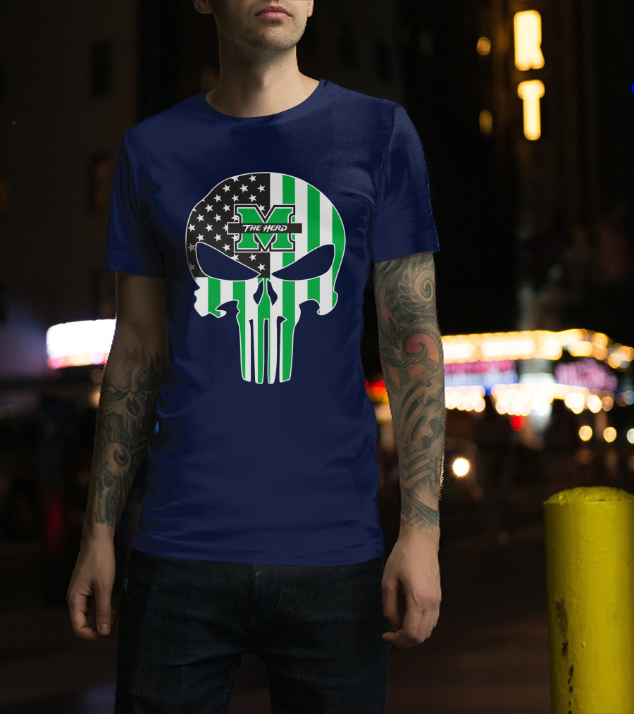 Marshall Thundering Herd The Punisher American Flag Skull T-Shirt
