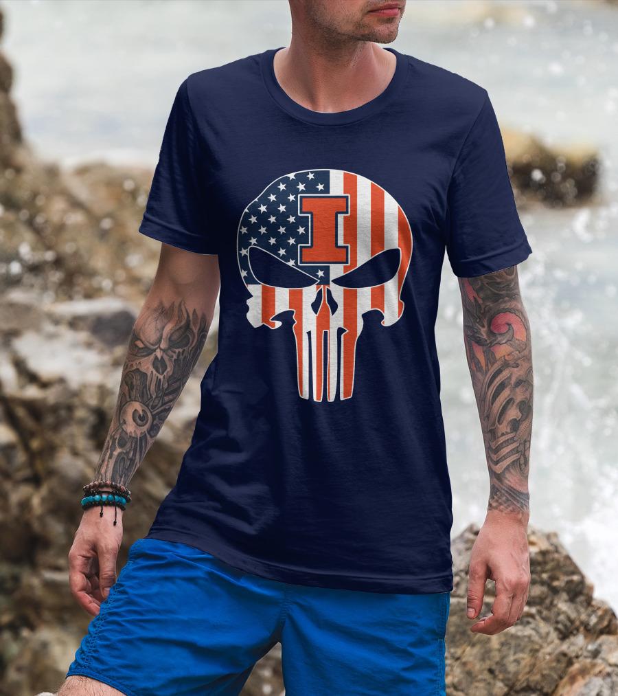 Illinois Fighting Illini Skull Punisher American Flag I T-Shirt