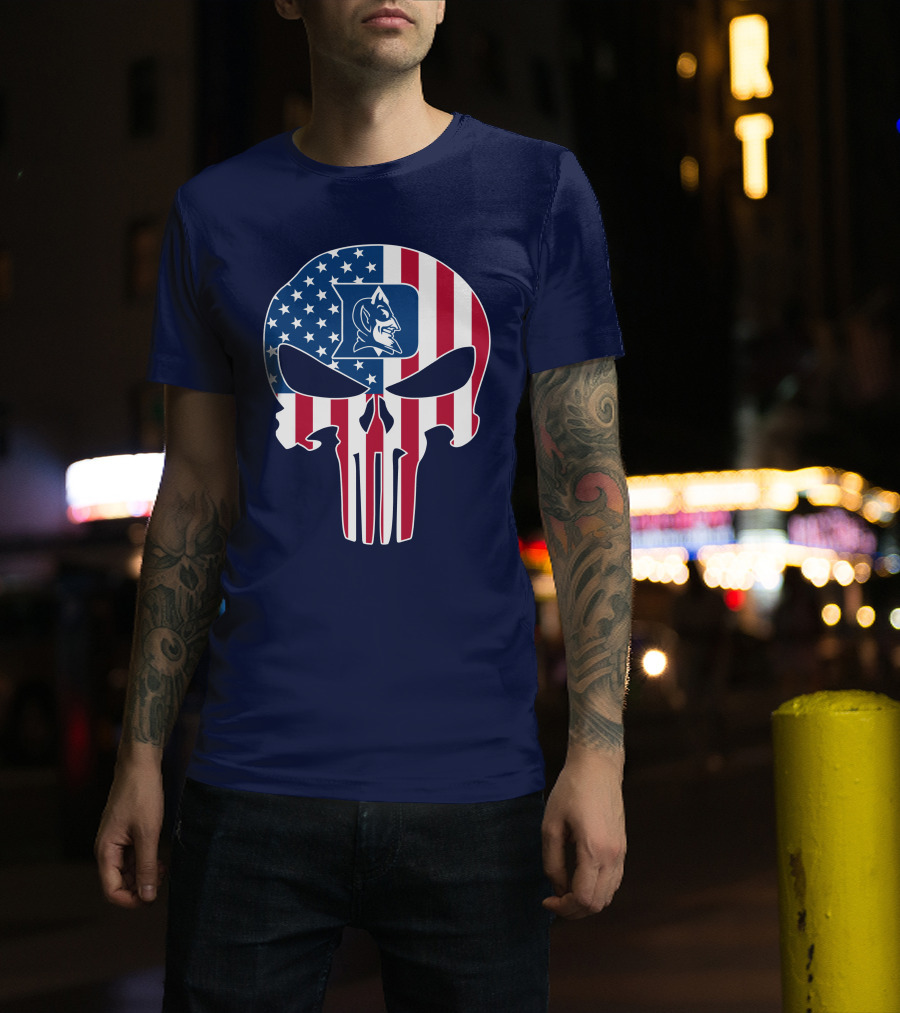 Duke Blue Devils The Punisher American Flag Skull T-Shirt