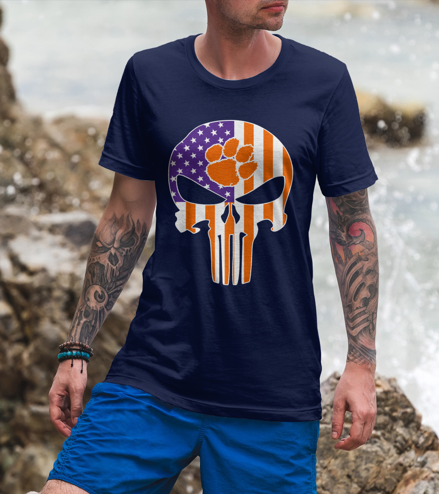 Clemson Tigers The Punisher American Flag Skull Paw T-Shirt